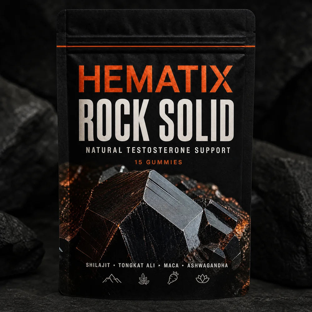 HEMATIX ROCK SOLID pouch floating in a copper-lit mineral scene