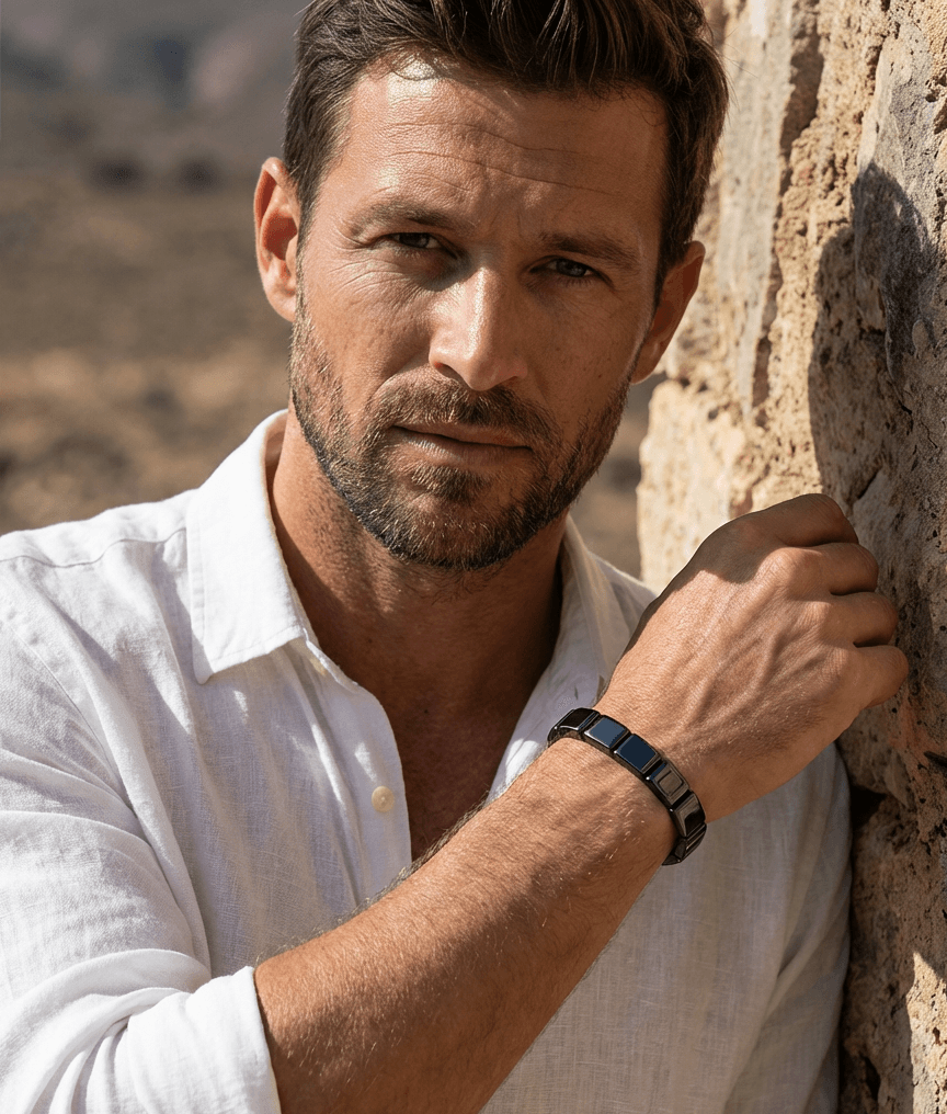 HEMATIX black bracelet worn with a white shirt beside warm stone