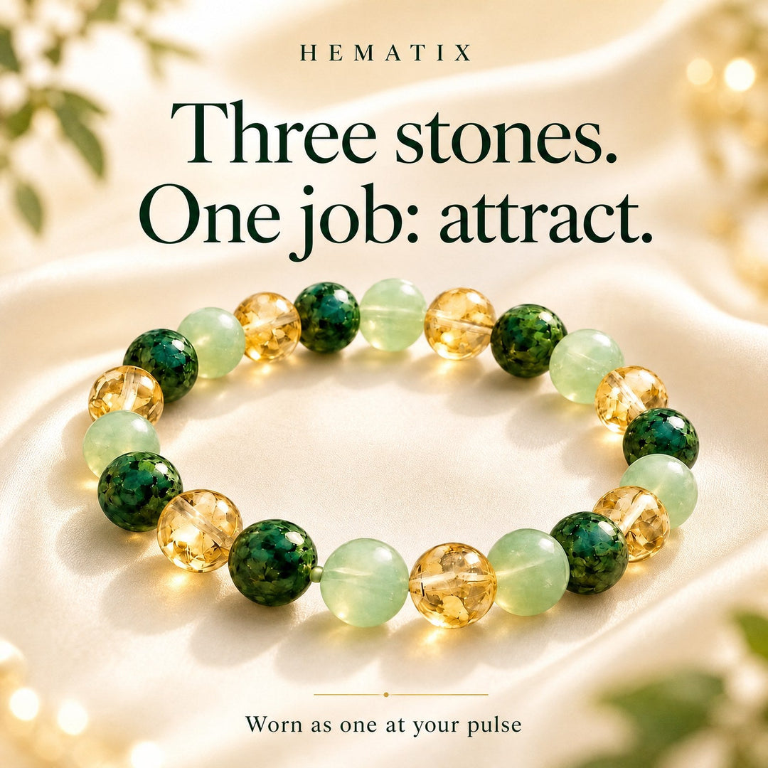 Three stones, one job: attract — worn as one at your pulse