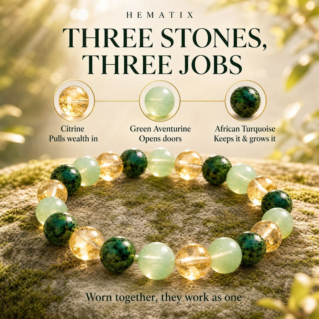 Three stones, three jobs — citrine pulls wealth in, aventurine opens doors, African turquoise keeps it