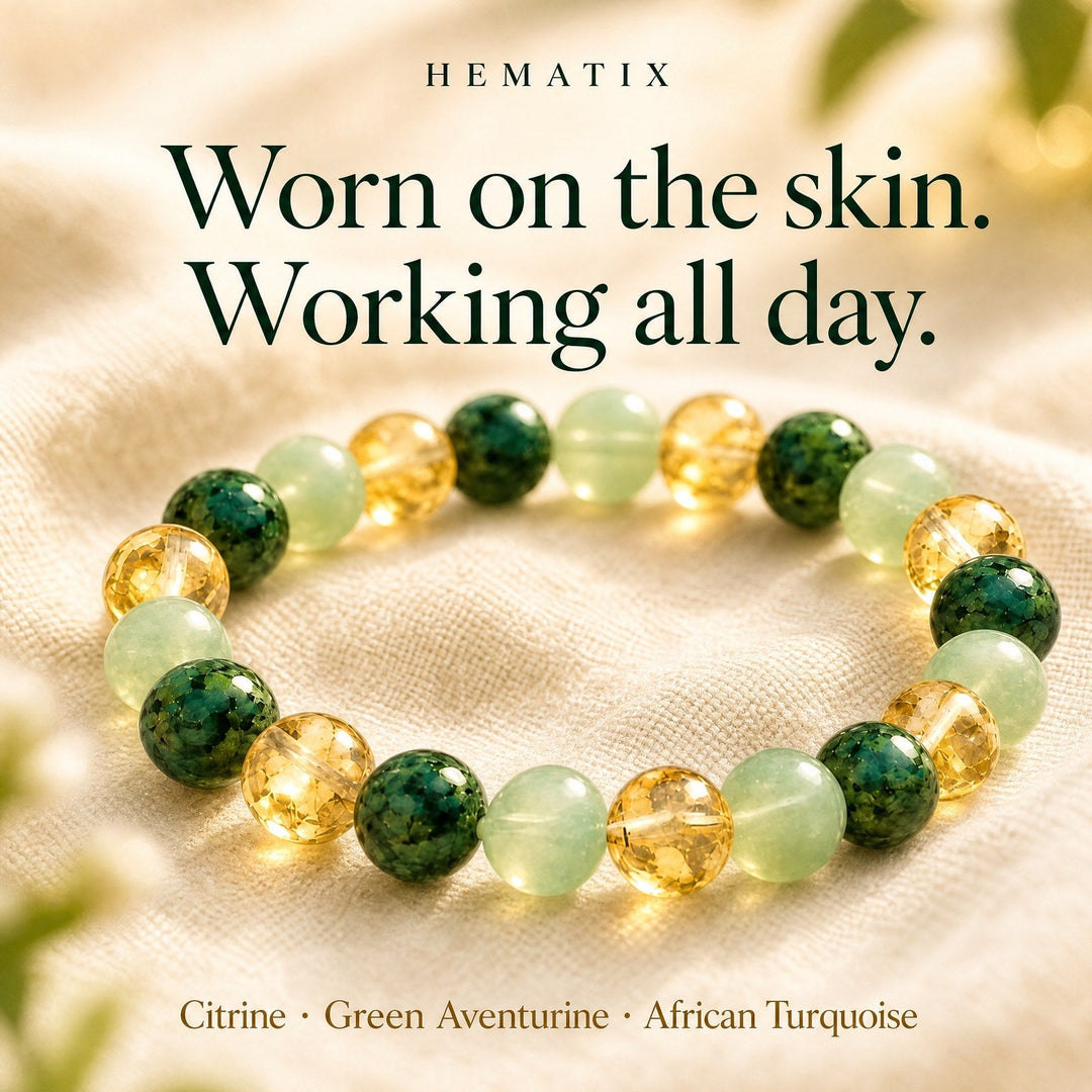 Worn on the skin, working all day — citrine, green aventurine, African turquoise