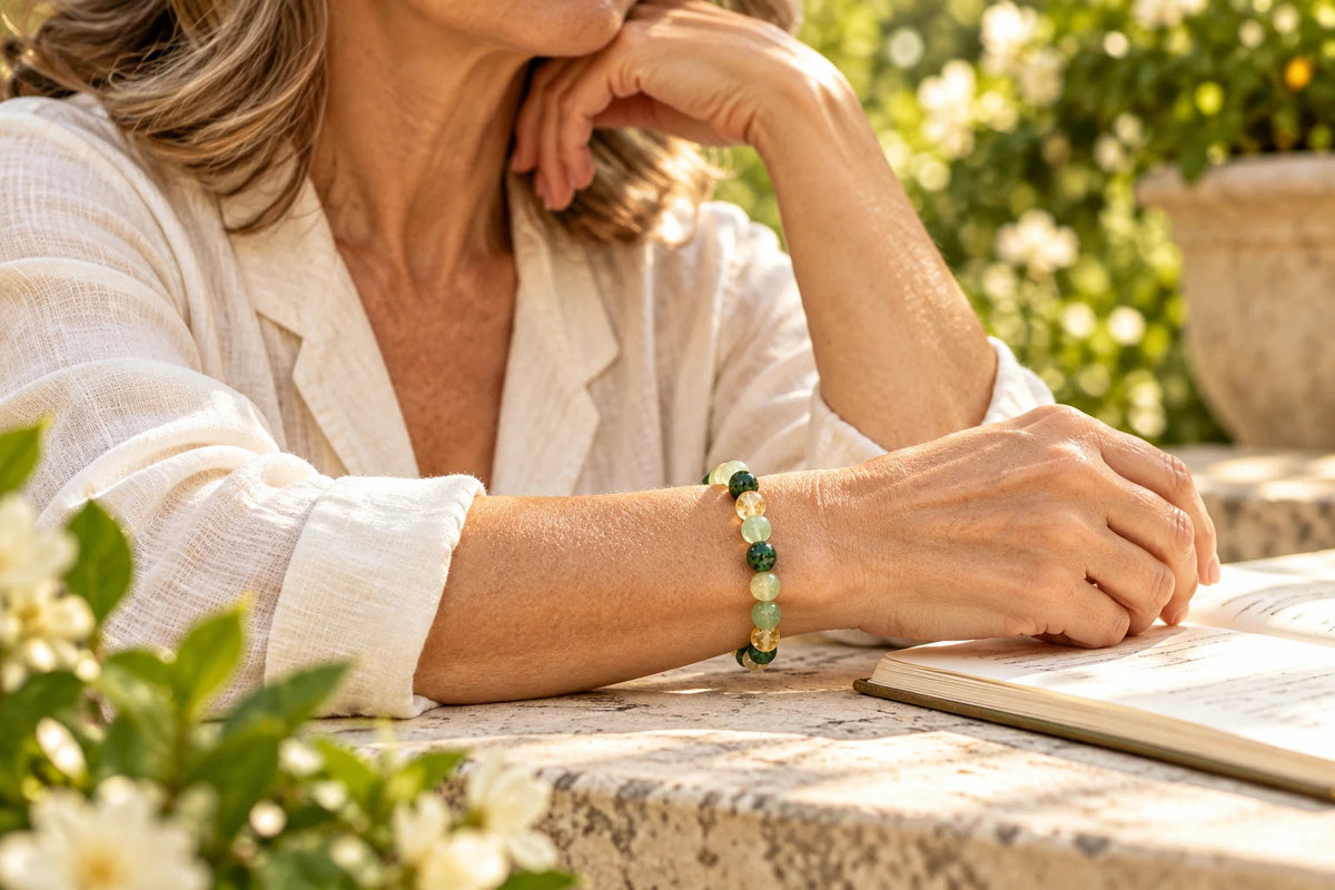 The three-stone HEMATIX Abundance Bracelet worn on a woman’s wrist