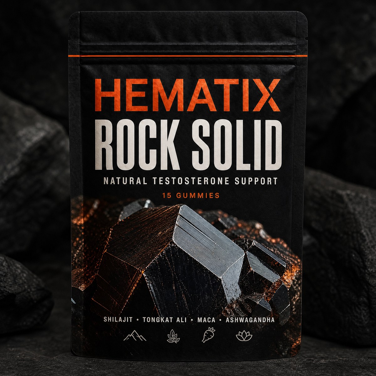 HEMATIX ROCK SOLID Natural Testosterone Support pouch with the new crystal packaging
