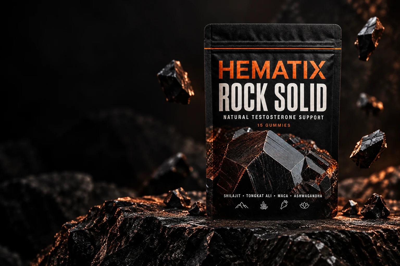HEMATIX ROCK SOLID gummies on dark mineral stone, illuminated in copper