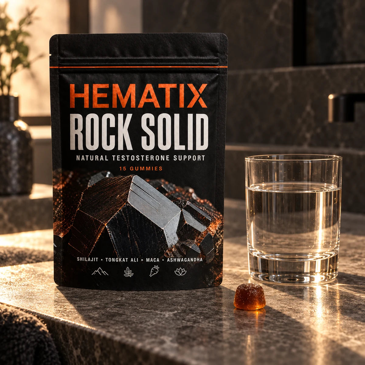ROCK SOLID pouch, a gummy and a glass of water in warm morning light