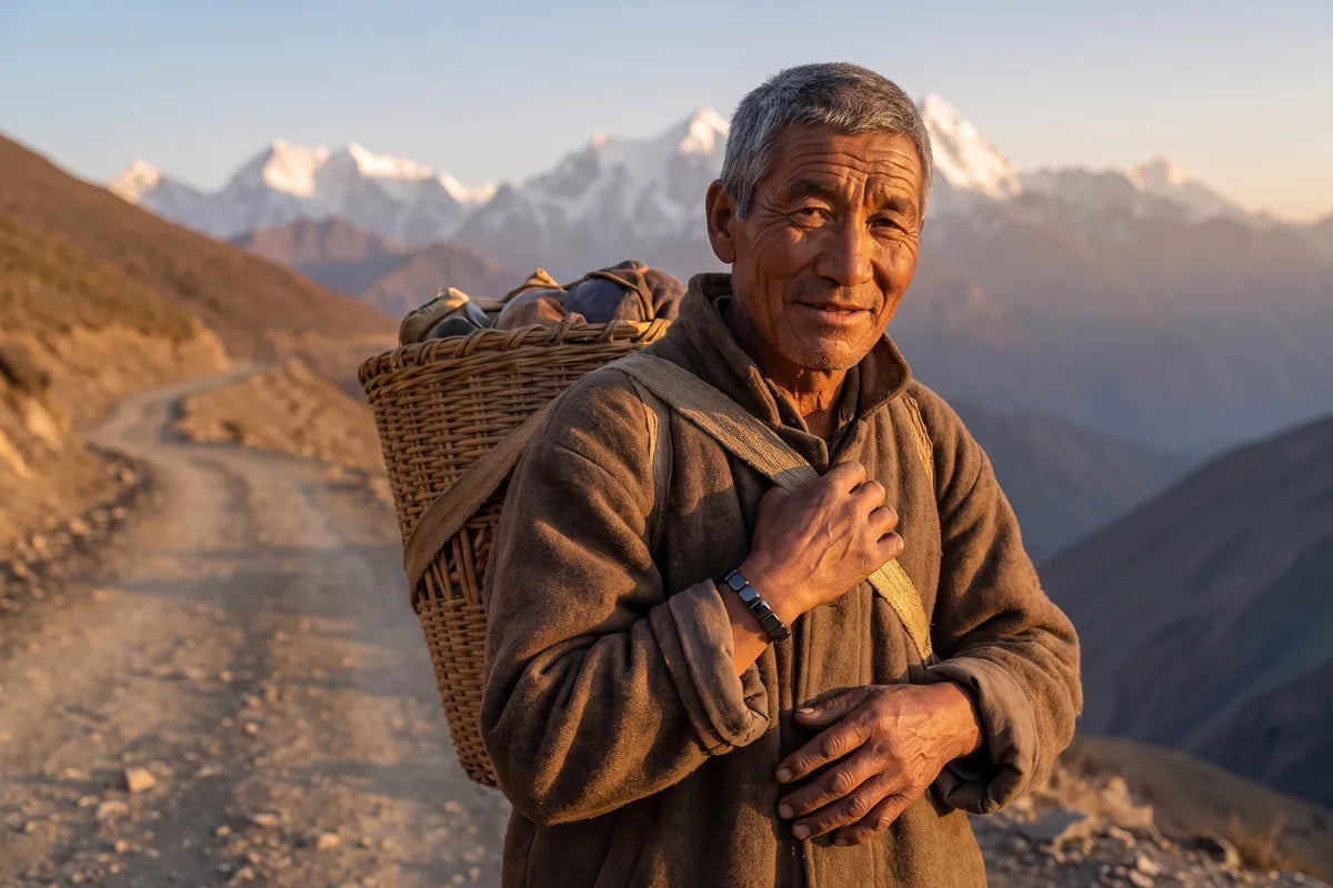 Un cargador del Himalaya lleva una cesta y una pulsera negra