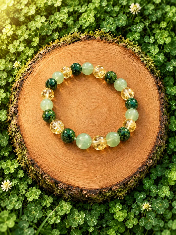Abundance Bracelet with green and golden beads